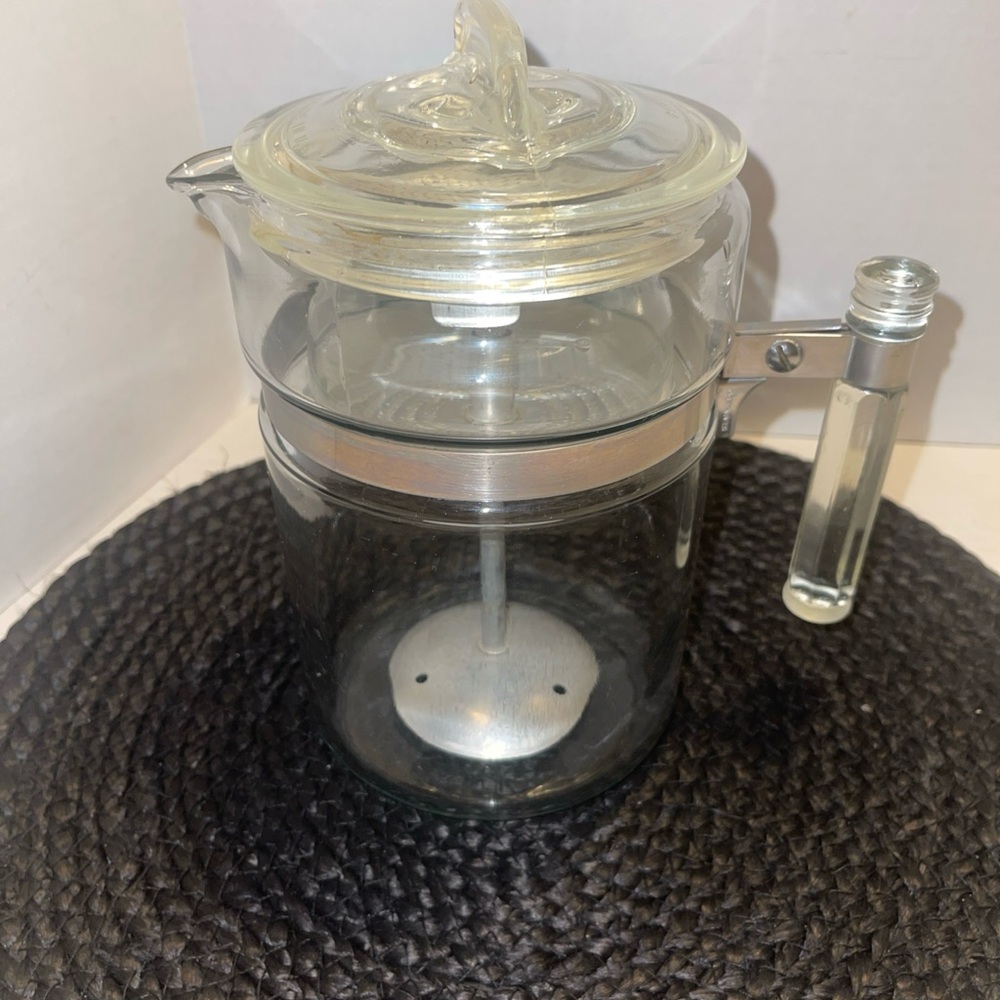 Pyrex Clear glass Coffee Pot Maker with Silver Accents complete